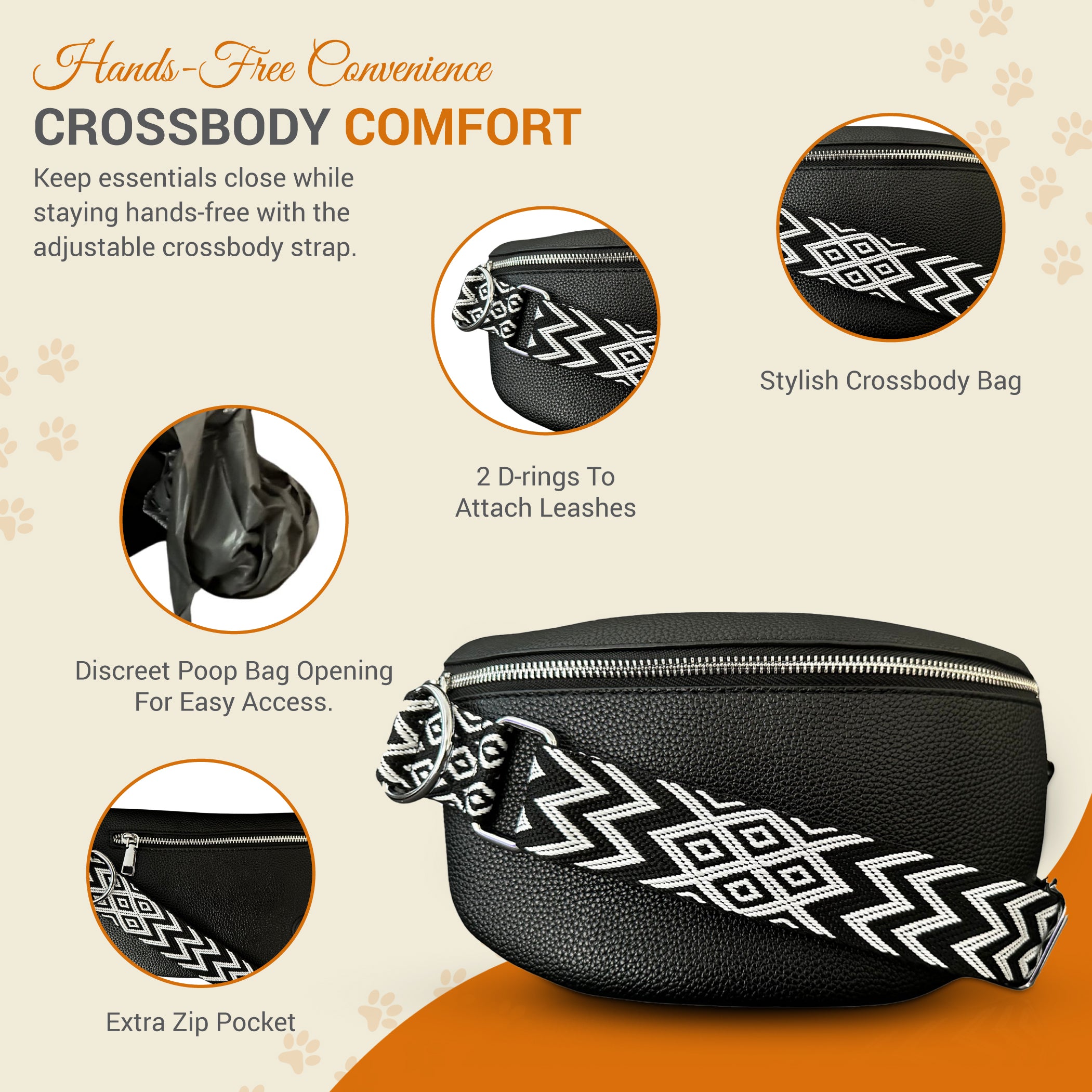 Versatile Crossbody Sling Bag & Dog Fanny Pack in Vegan Leather with Leash Accessories